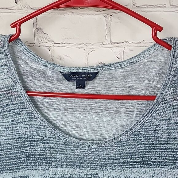 Lucky Brand 100% Linen Printed Ruffle Top Blue Multi Peplum Knit Tee Stripes LG - Picture 6 of 6